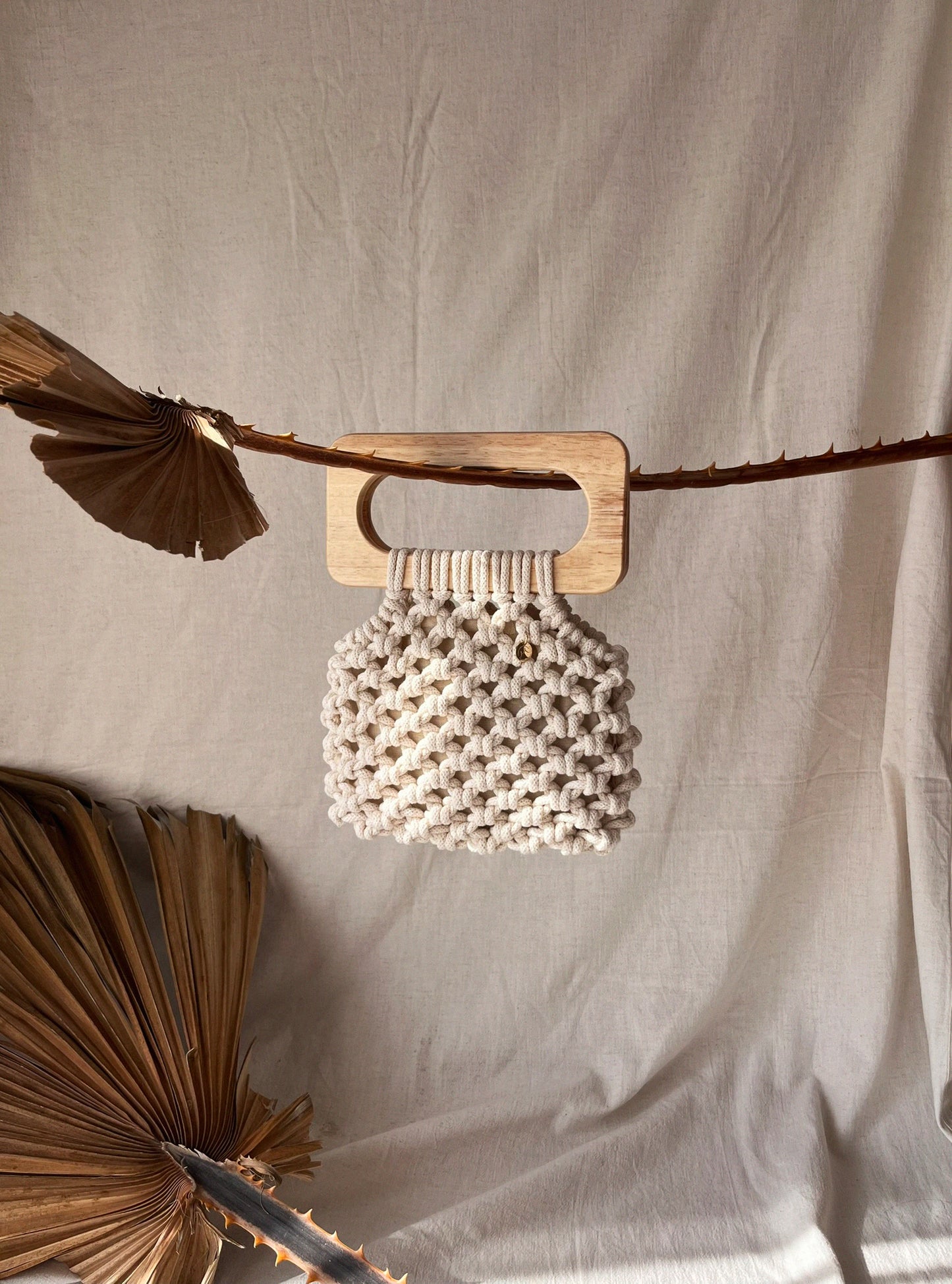 Handmade Koma Bag in Natural with wooden handle
