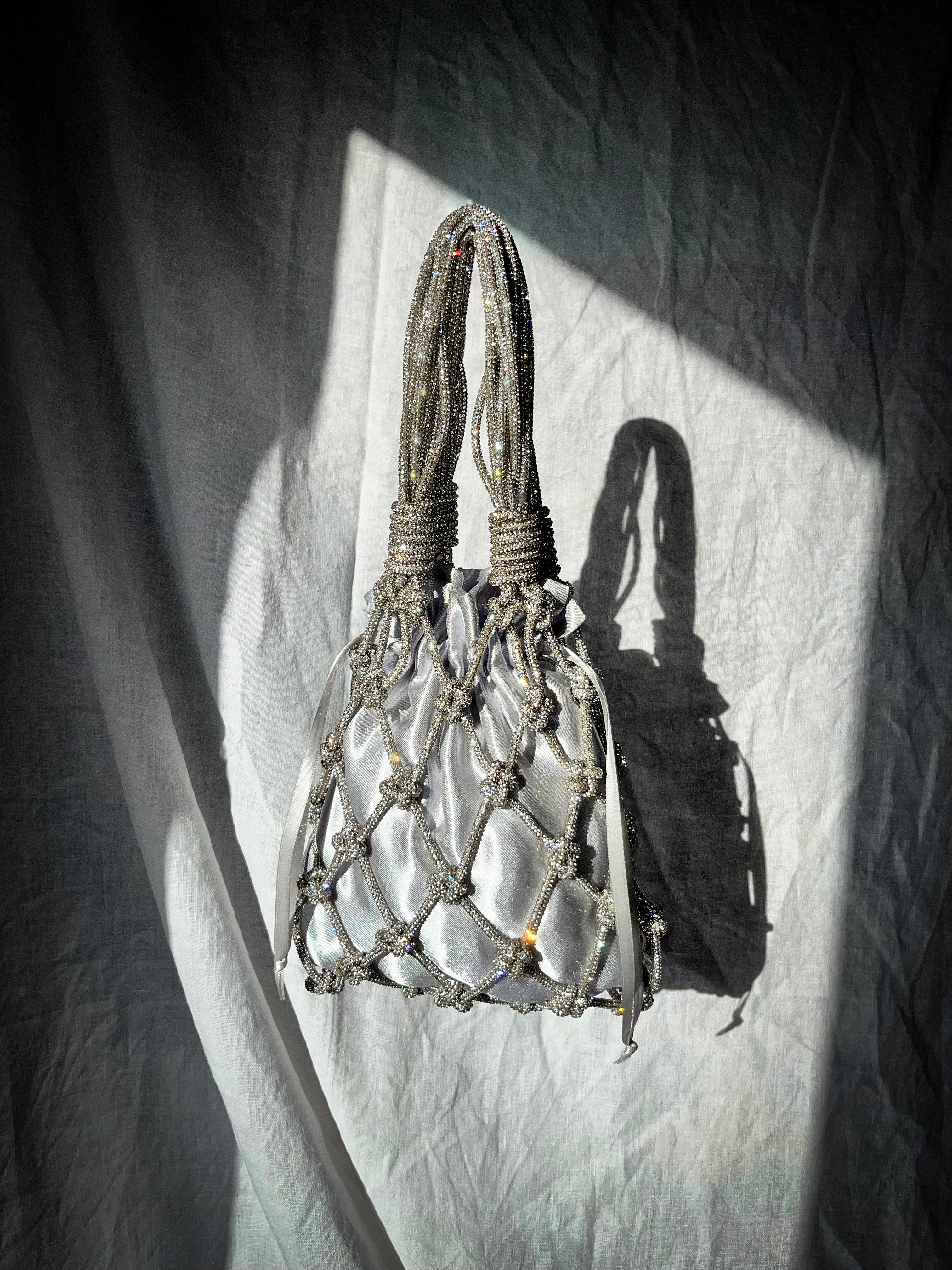 Marilyn Bag – Sparkly Rhinestone Macramé Bag with Satin Pouch