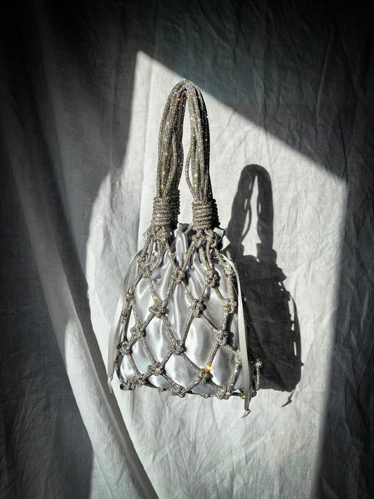 Marilyn Bag – Sparkly Rhinestone Macramé Bag with Satin Pouch