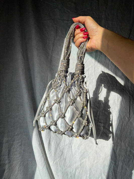Marilyn Bag – Sparkly Rhinestone Macramé Bag with Satin Pouch