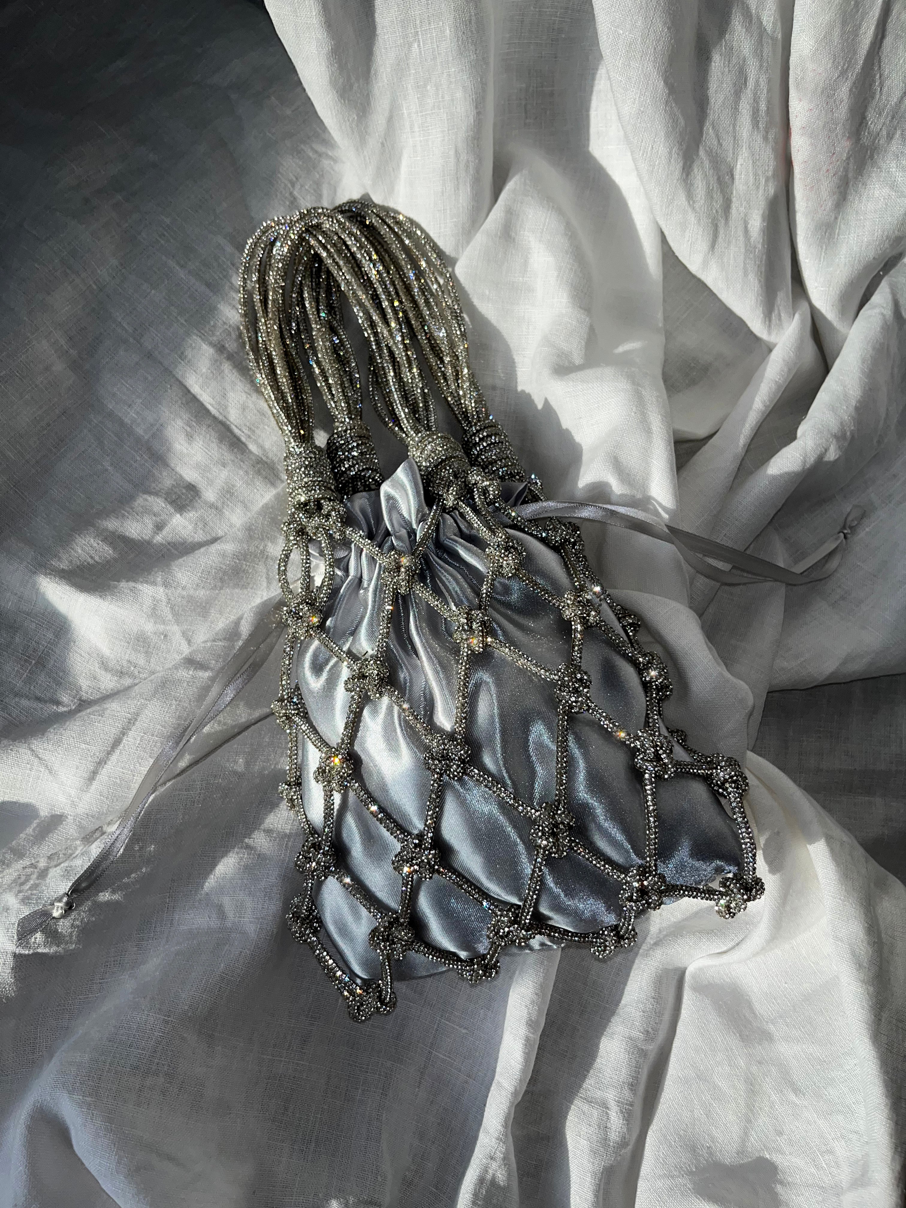 Marilyn Bag – Sparkly Rhinestone Macramé Bag with Satin Pouch