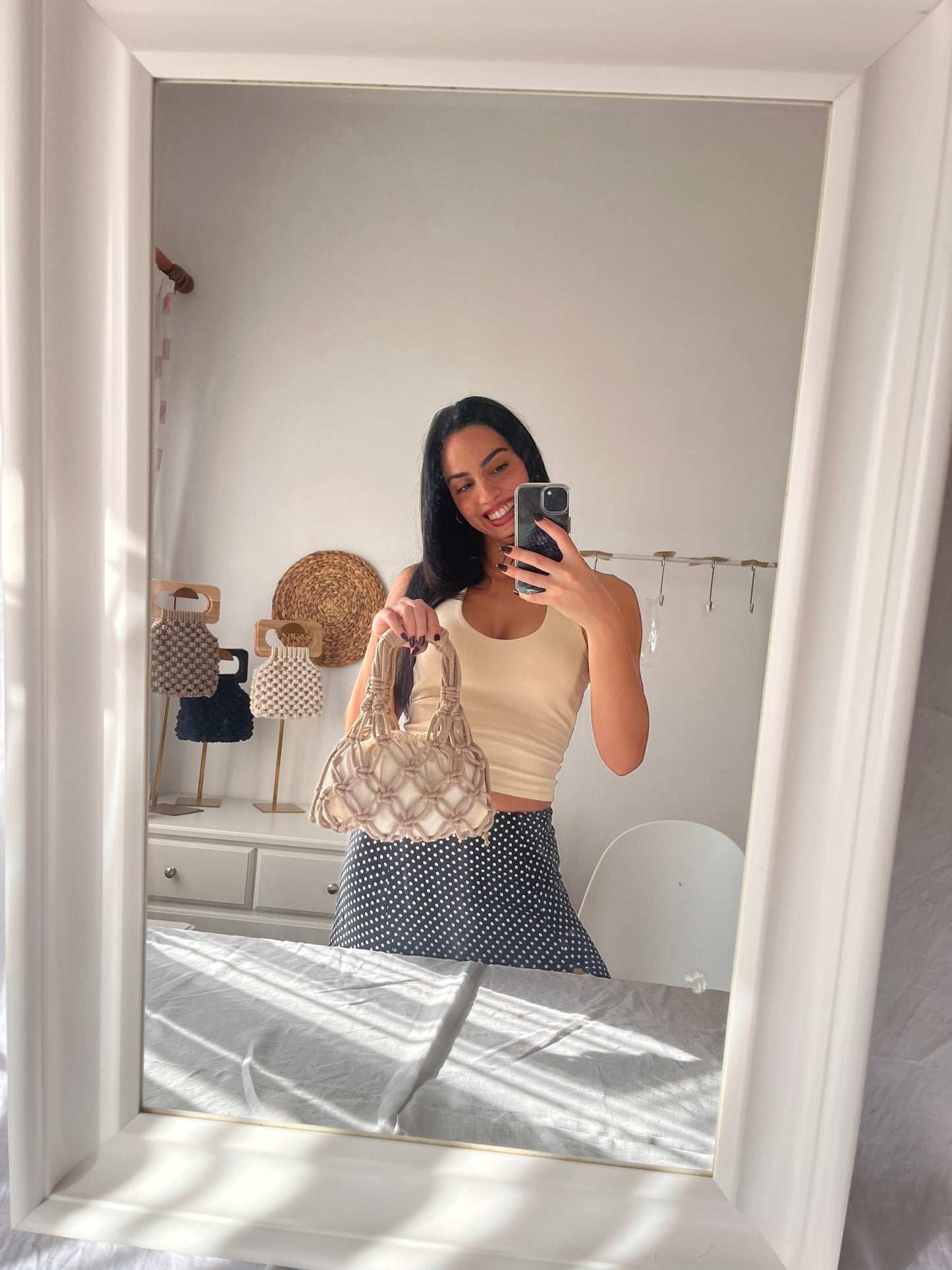 macrame bag sian bag girl  holding it mirror