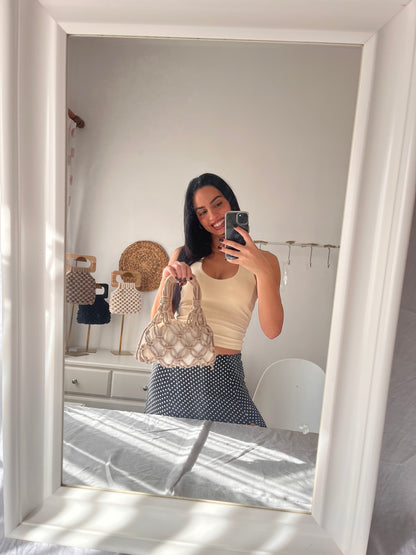 macrame bag sian bag girl  holding it mirror